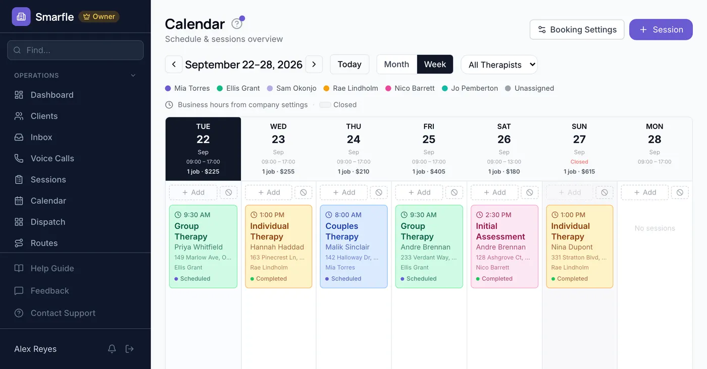 Smarfle calendar showing counseling work