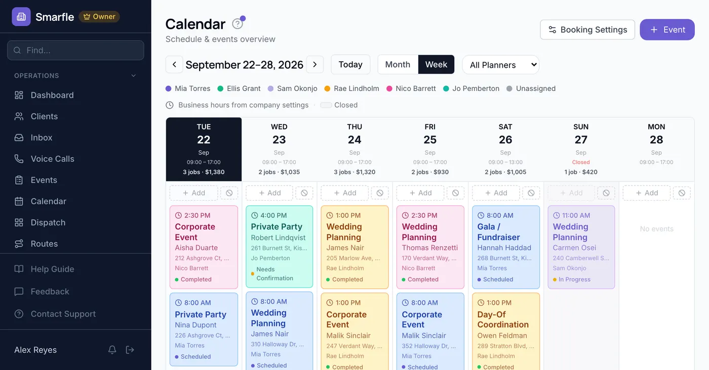 Smarfle calendar showing event planning work