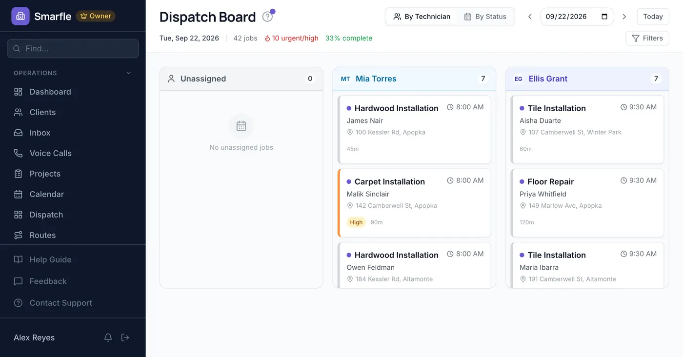 Smarfle dispatch board showing flooring work