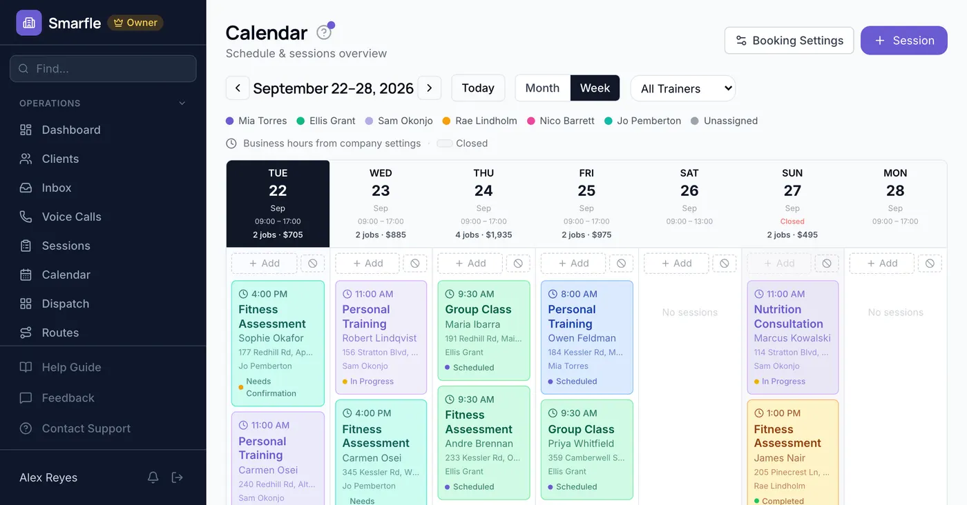 Smarfle calendar showing personal training work