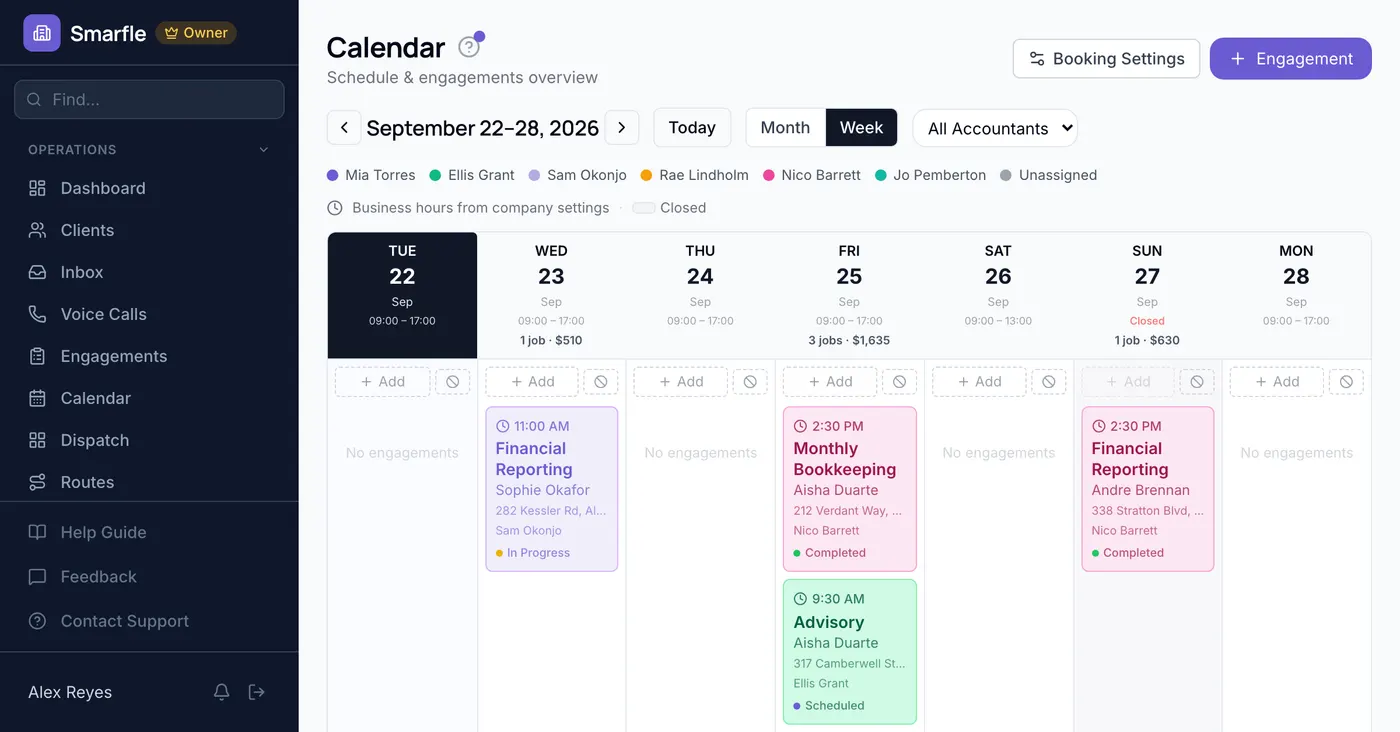 Smarfle calendar showing accounting work