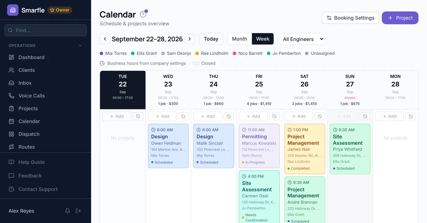 Smarfle calendar showing architecture work