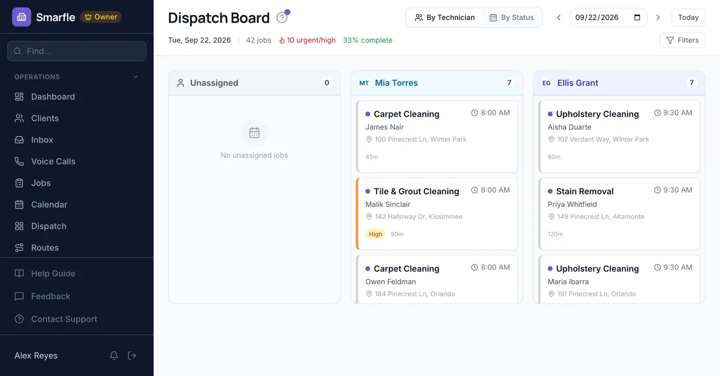 Smarfle dispatch board showing carpet cleaning work
