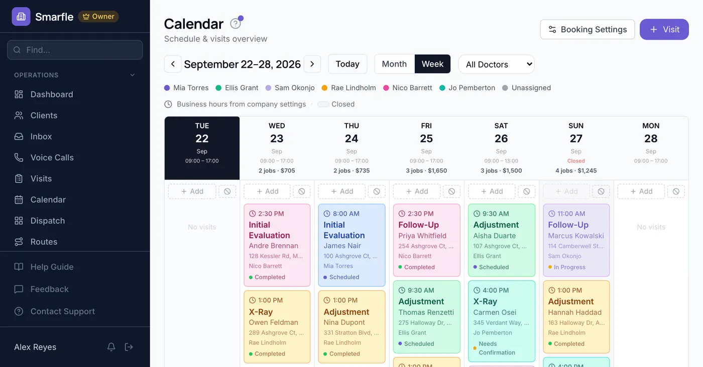 Smarfle calendar showing chiropractic work