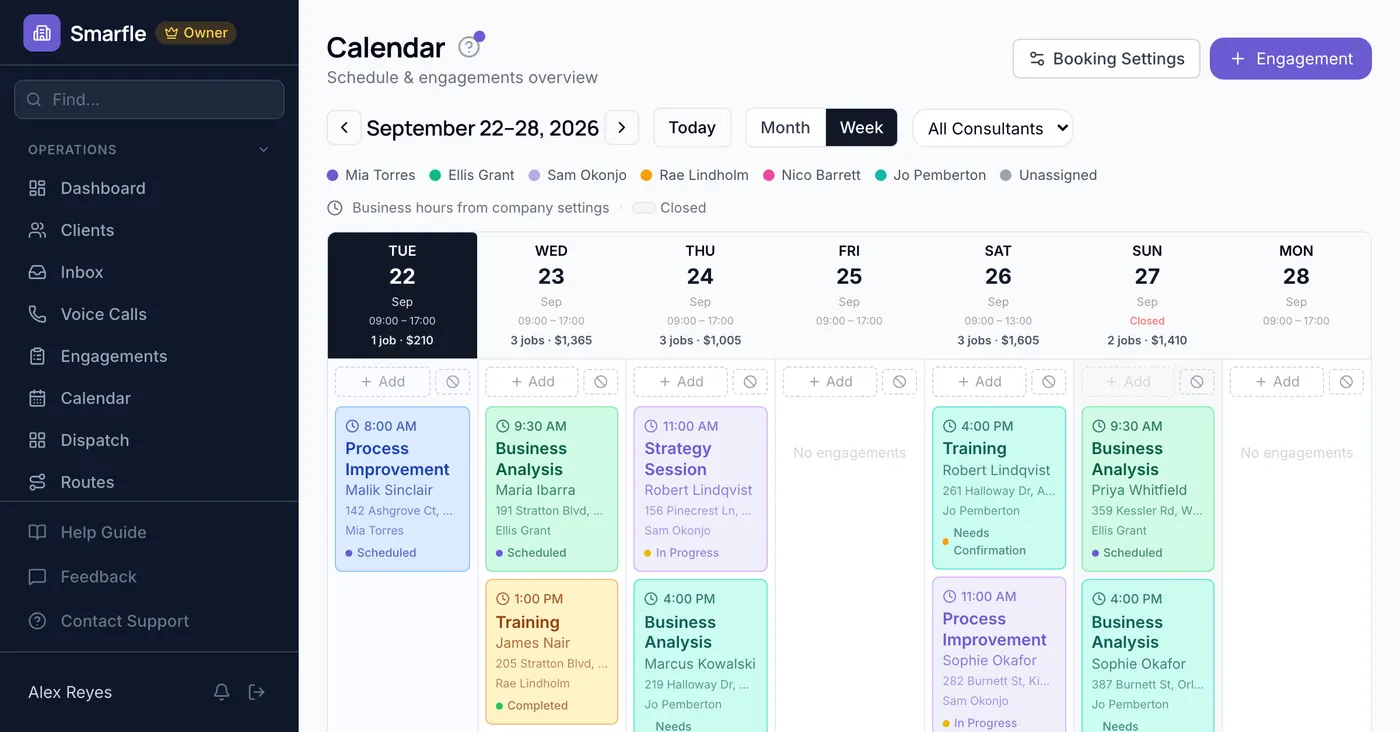 Smarfle calendar showing consulting work