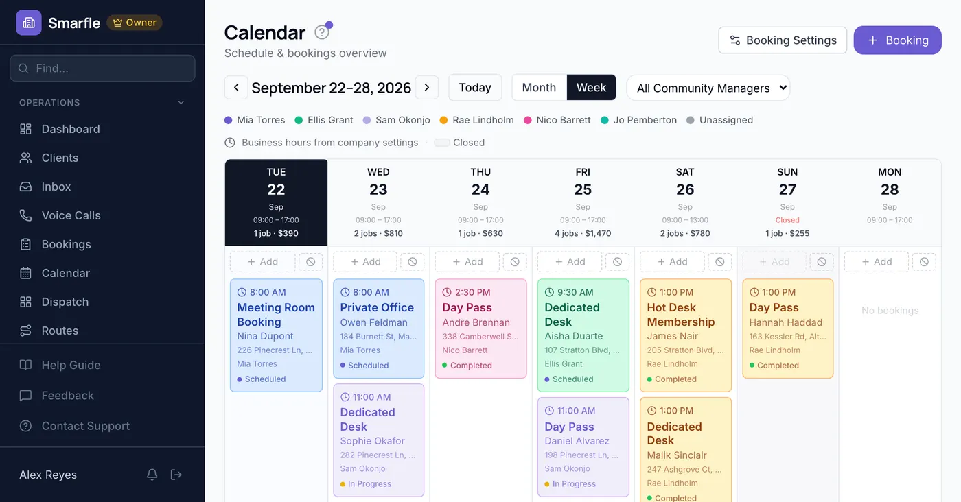 Smarfle calendar showing coworking work