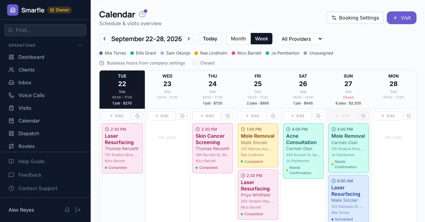 Smarfle calendar showing dermatology work