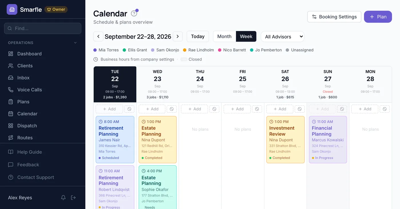 Smarfle calendar showing financial advisor work