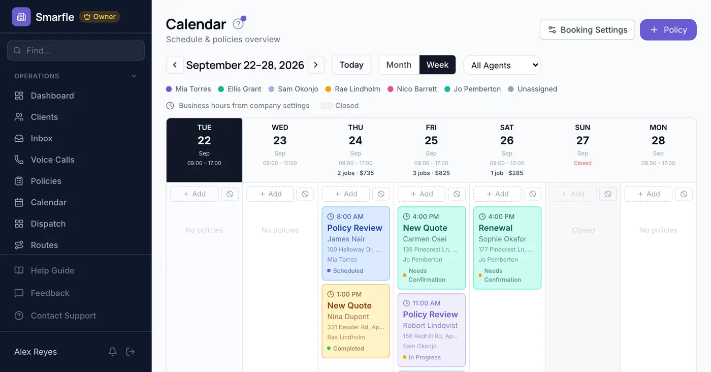 Smarfle calendar showing insurance work