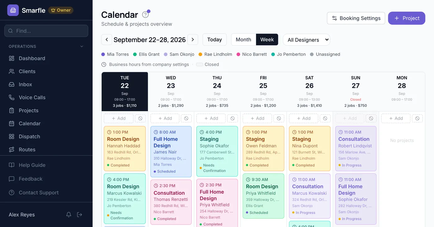 Smarfle calendar showing interior design work