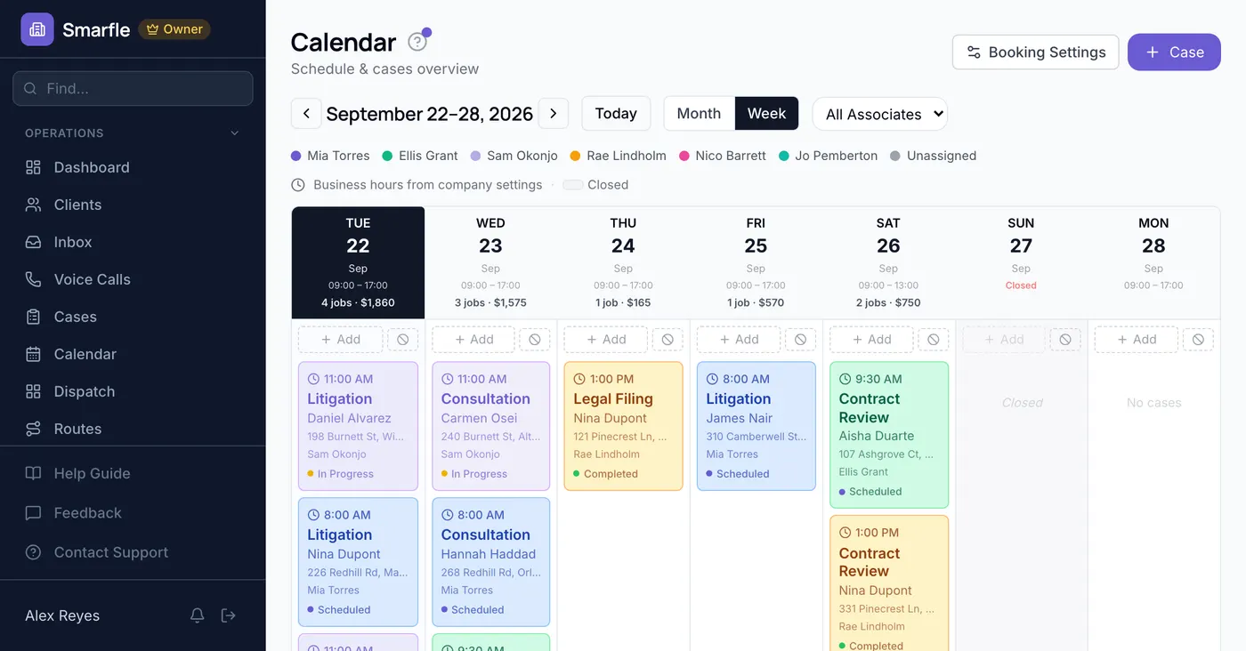 Smarfle calendar showing law firm work