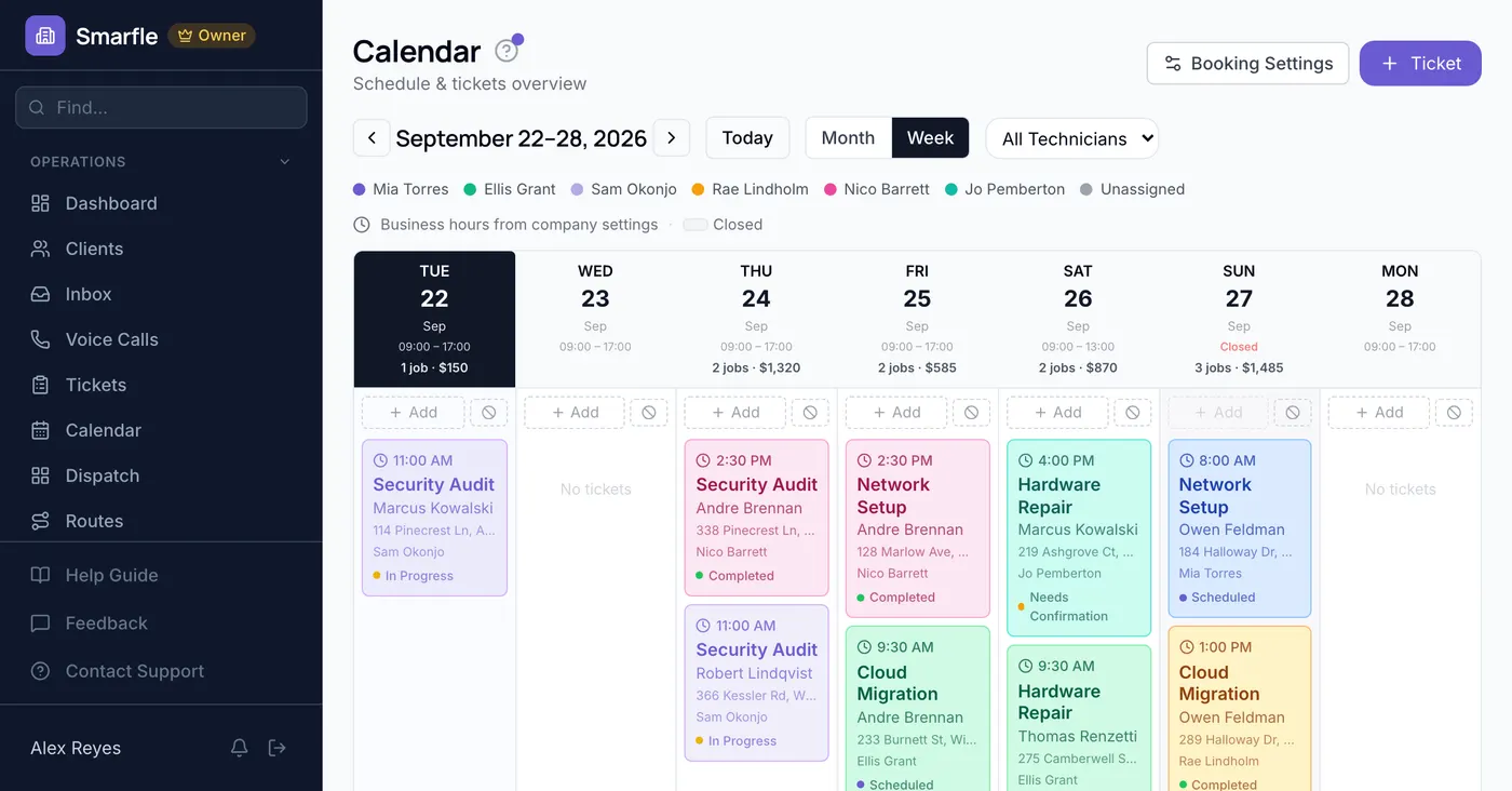 Smarfle calendar showing managed IT / MSP work