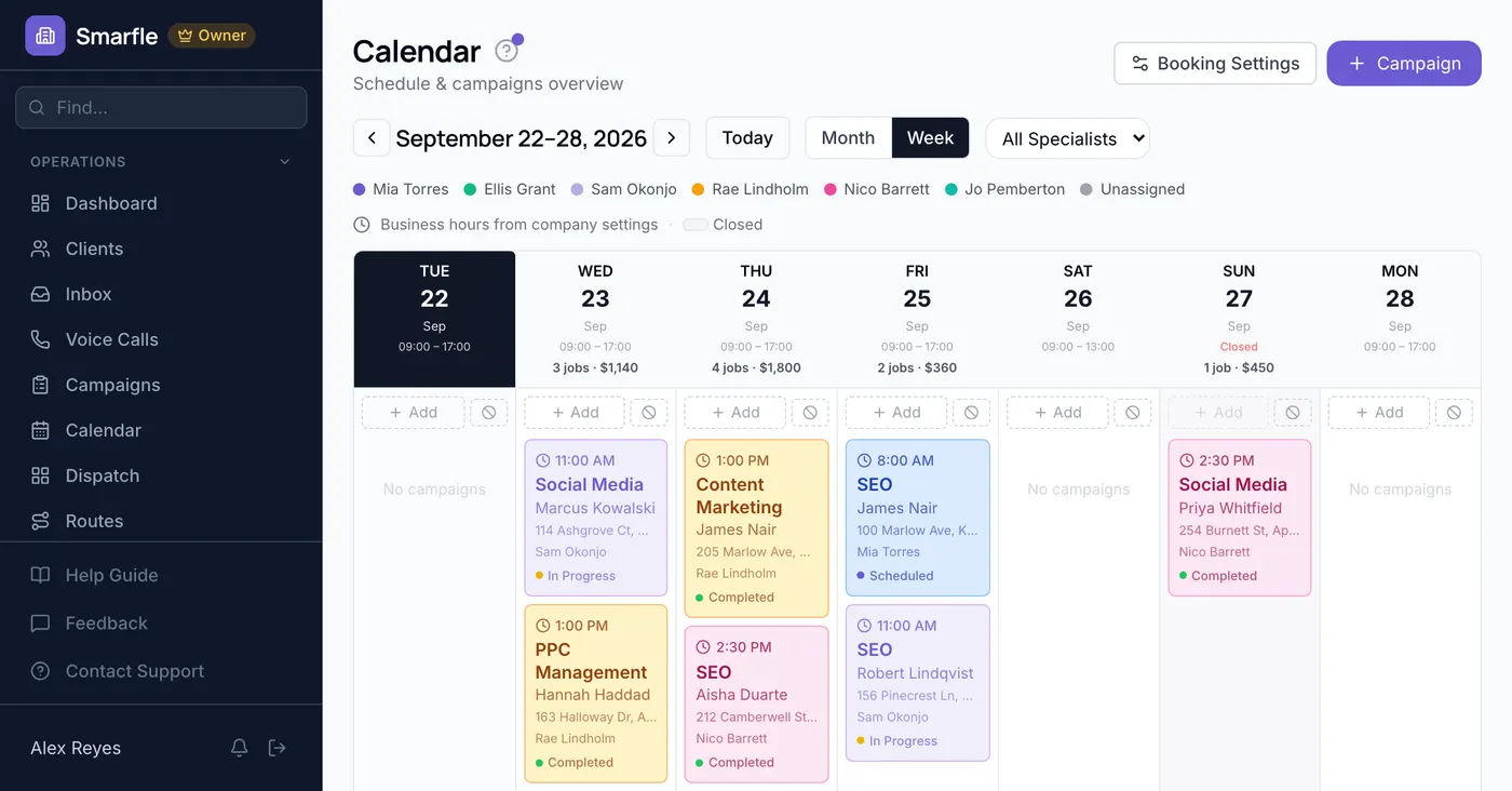 Smarfle calendar showing marketing agency work