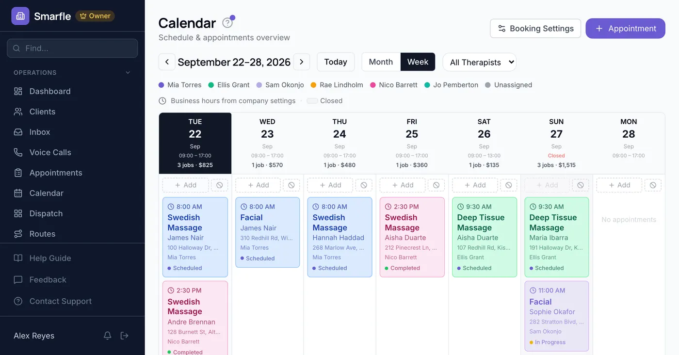 Smarfle calendar showing massage & spa work