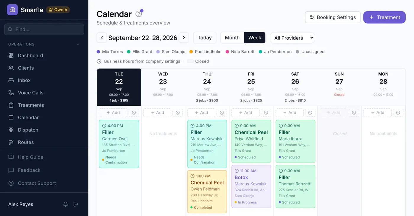 Smarfle calendar showing med spa work