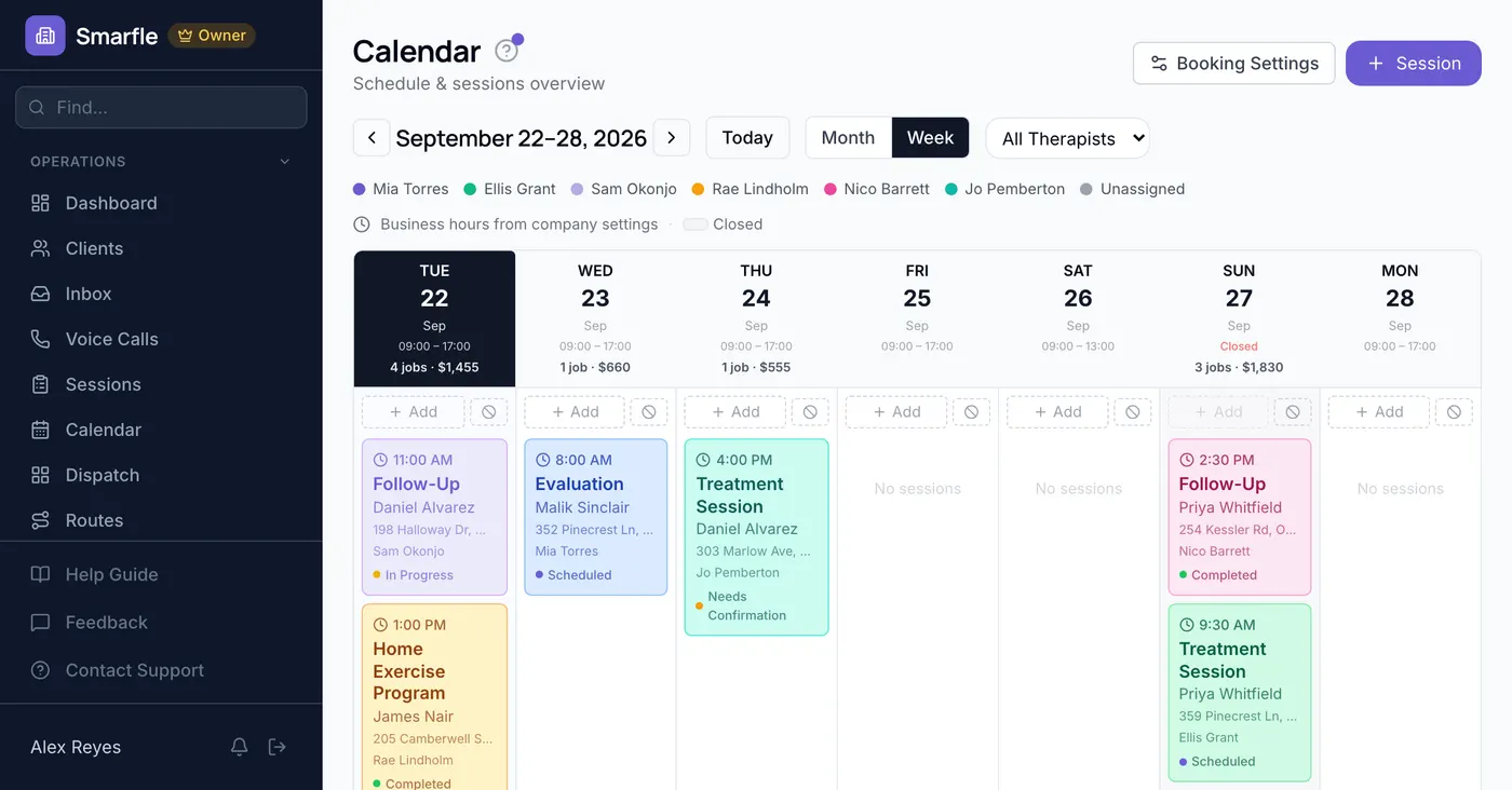Smarfle calendar showing physical therapy work