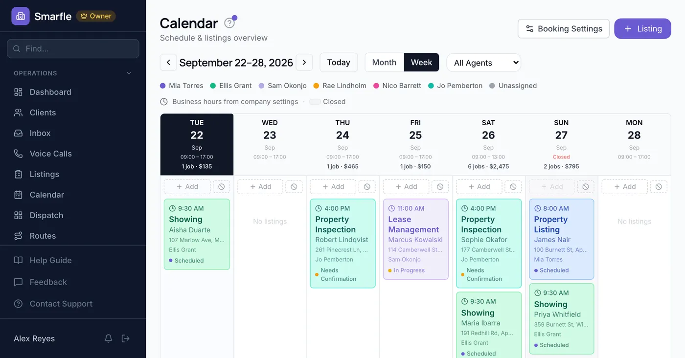 Smarfle calendar showing real estate work