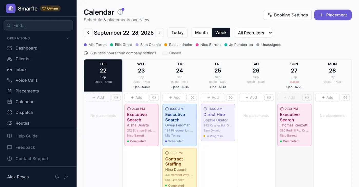 Smarfle calendar showing recruiting work