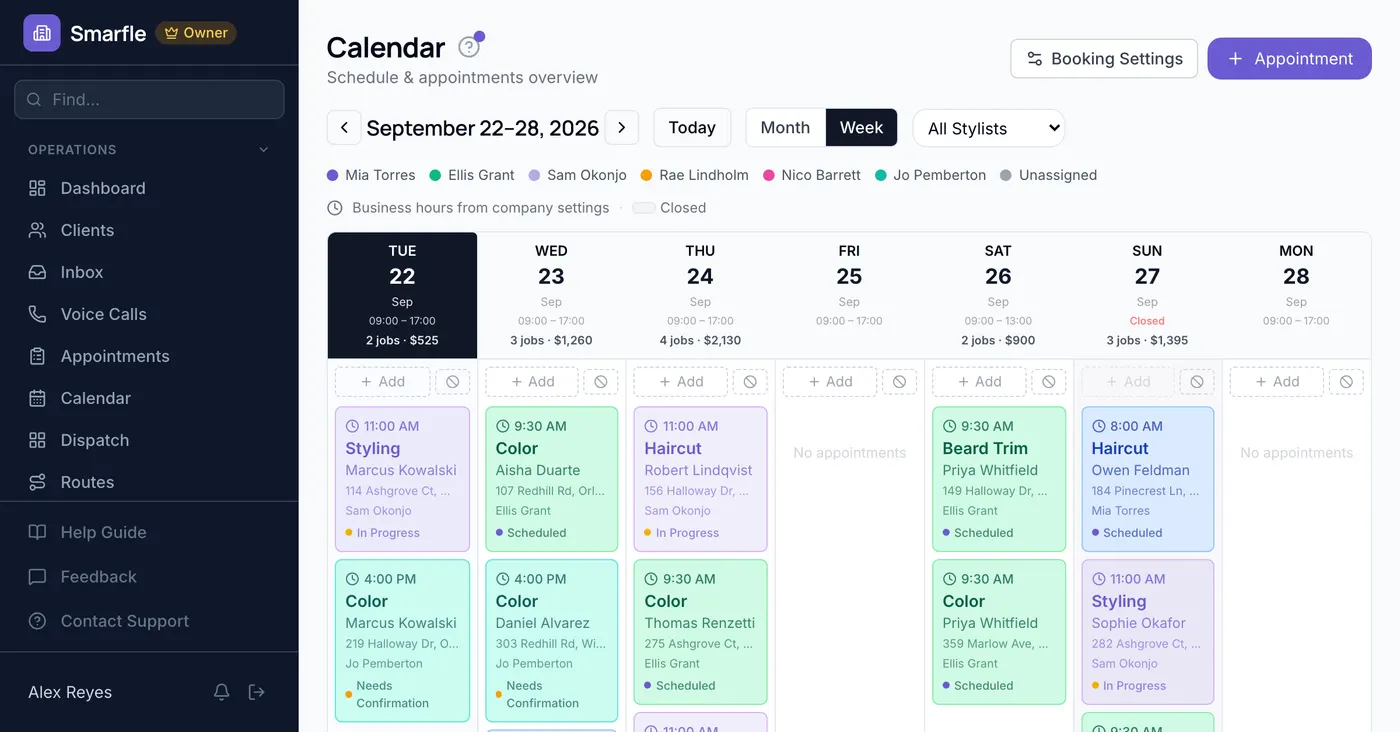 Smarfle calendar showing salon & barbershop work