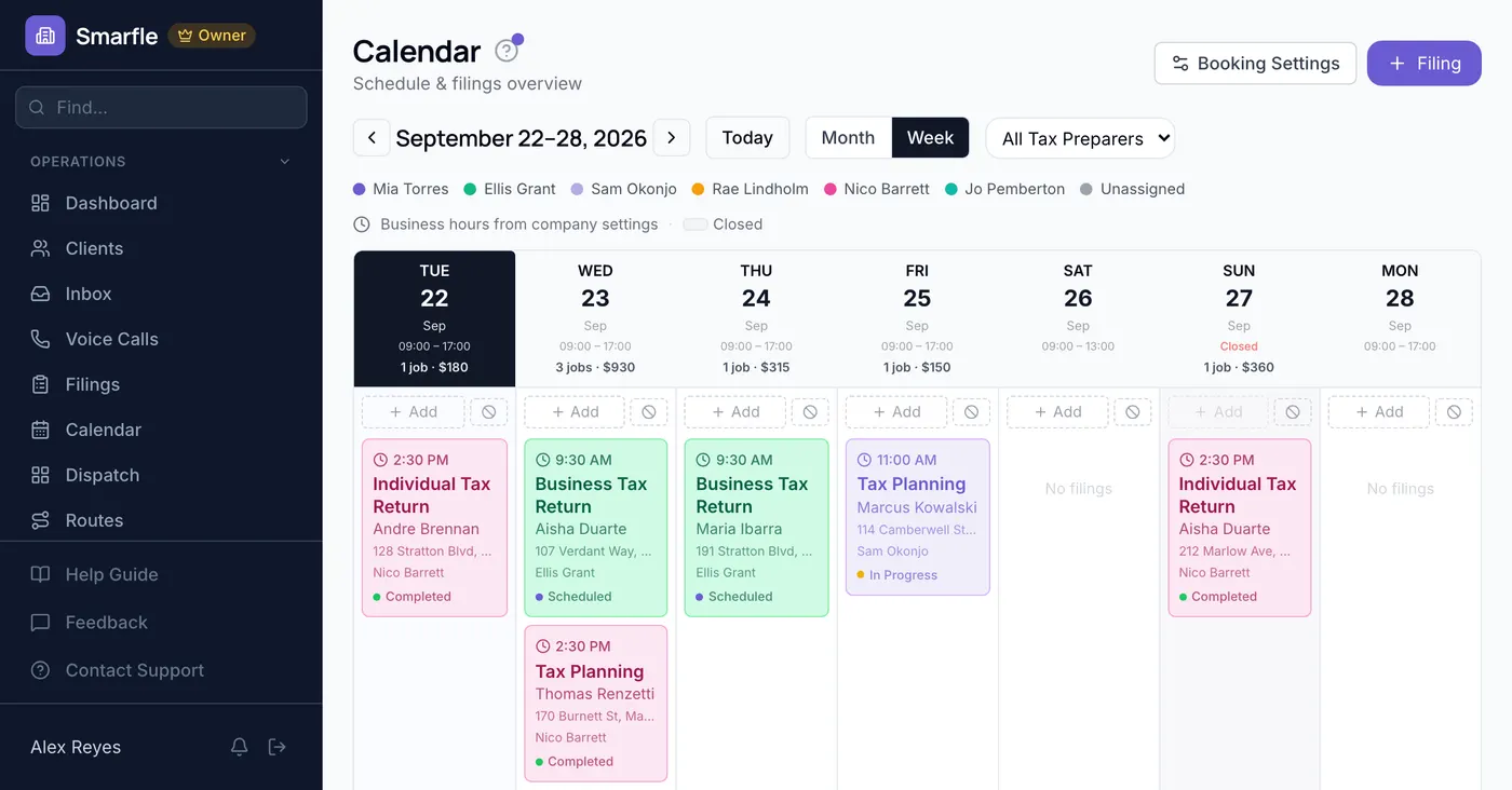 Smarfle calendar showing tax preparation work