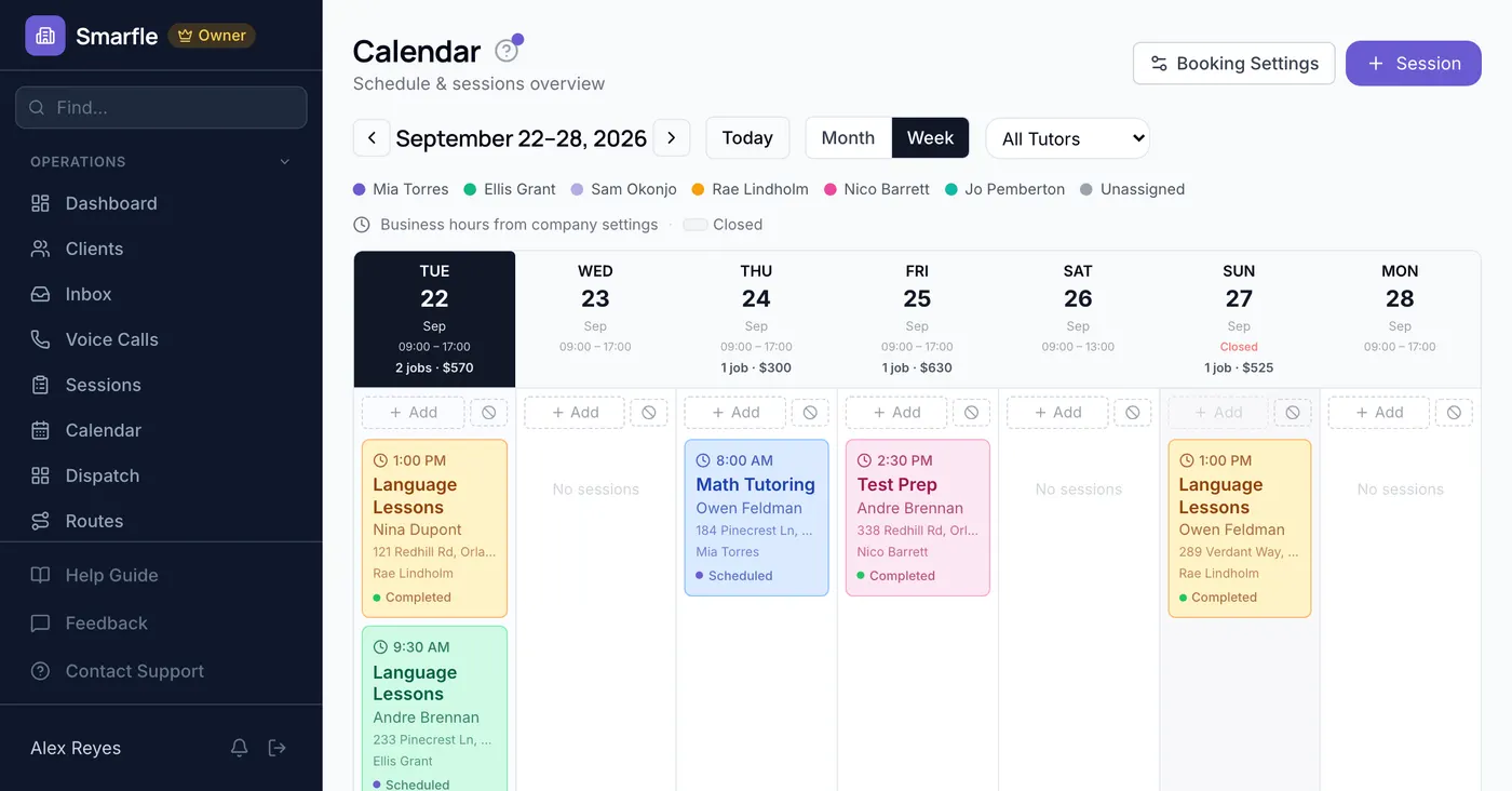 Smarfle calendar showing tutoring work