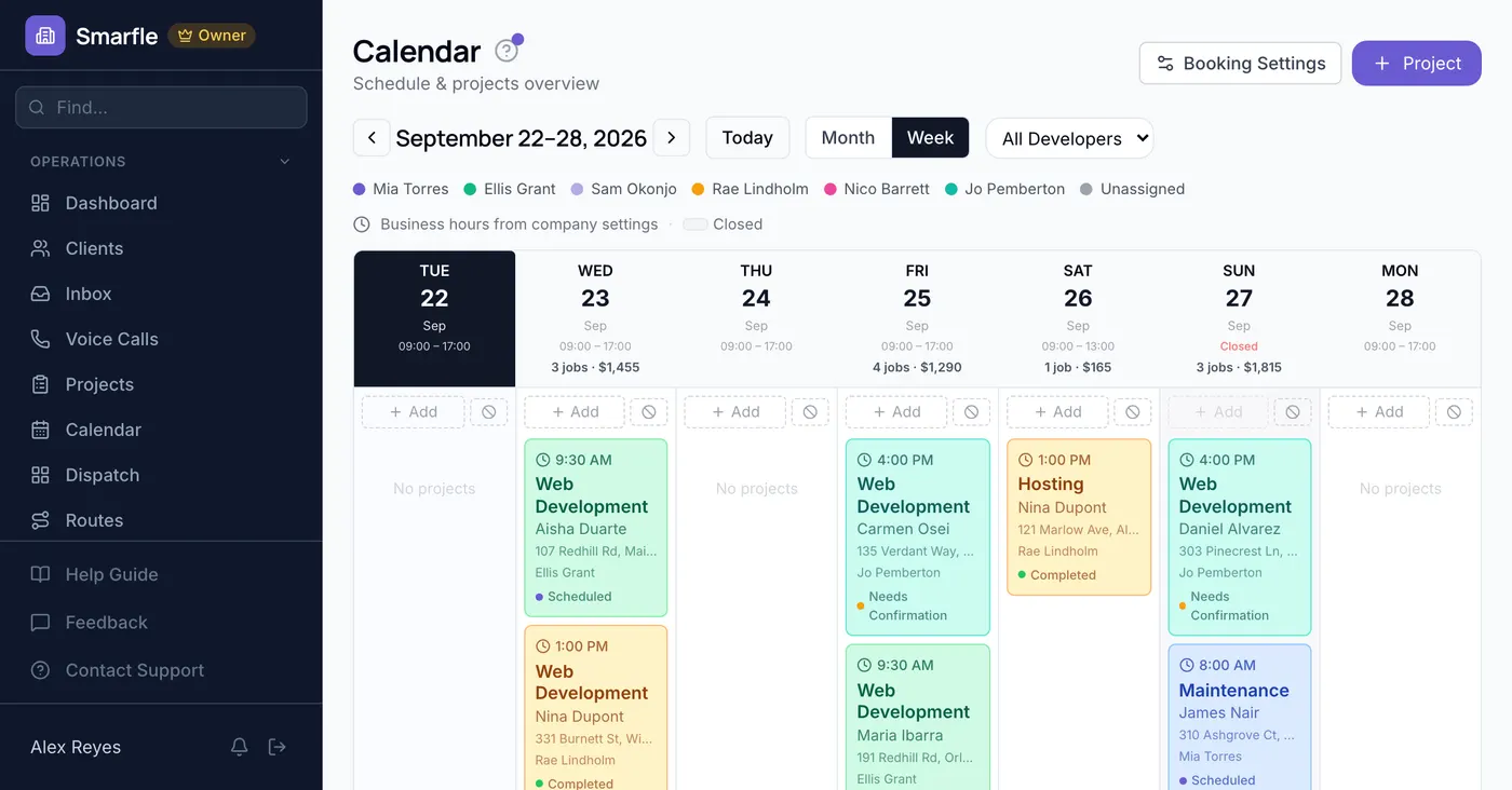Smarfle calendar showing web development agency work