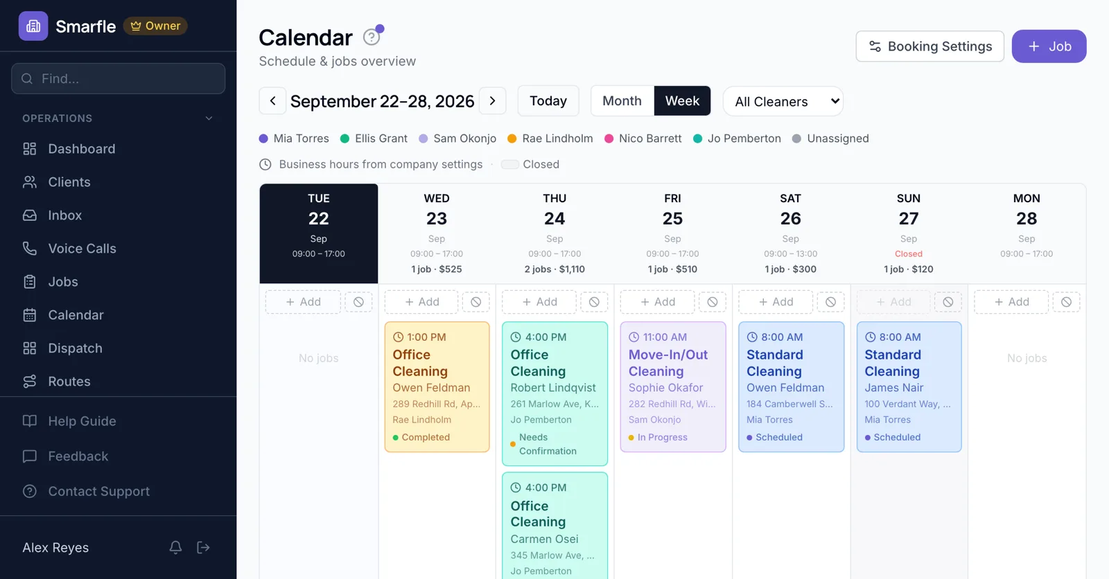 Mobile car wash bookings for one week in Smarfle, each washer in a separate color